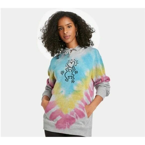 Keith Haring Womens Tie Dye Hoodie Hooded Graphic Sweatshirt XS Gray Loungewear - Picture 1 of 8